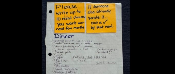 Dinner Brainstorm List. Dr Renee's family brainstormed a list of meals together.